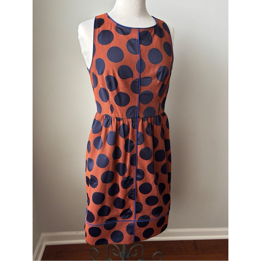 Anthropologie Maeve Rokin Sleeveless Burnt Orange Blue Polka Dot Dress Sz 8